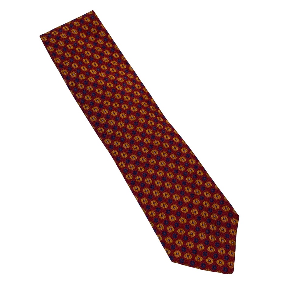 Harold Powell Mens Silk Tie Red Gold Blue Geometric Medallion Made in USA 57in